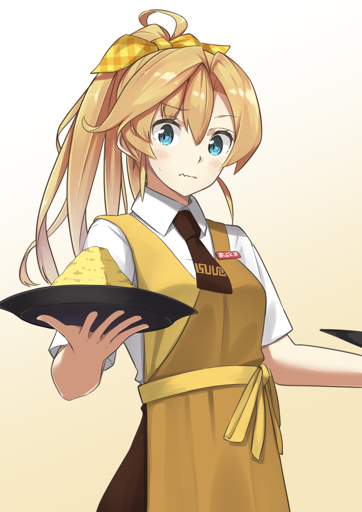 1girl abukuma_(kantai_collection) ahoge alternate_costume alternate_hairstyle blonde_hair blue_eyes brown_skirt commentary_request cowboy_shot dress_shirt employee_uniform food highres kantai_collection long_hair looking_at_viewer multicolored_apron name_tag negahami ponytail shirt short_sleeves skirt solo tray uniform waitress wavy_mouth white_shirt