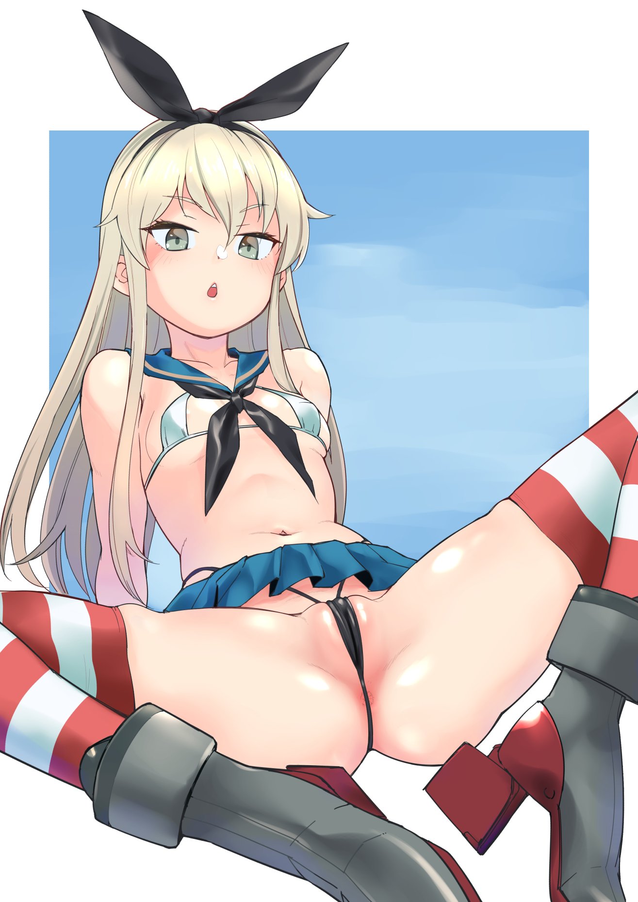 1girl bangs bikini bikini_top black_neckwear black_panties blue_sailor_collar blue_skirt boots breasts commentary hairband highleg highleg_panties highres kantai_collection long_hair micro_bikini miniskirt navel neckerchief panties partially_visible_vulva rampage_2nd rudder_footwear sailor_collar shimakaze_(kantai_collection) sidelocks simple_background skirt small_breasts solo spread_legs striped striped_legwear swimsuit thighhighs thong underwear white_bikini