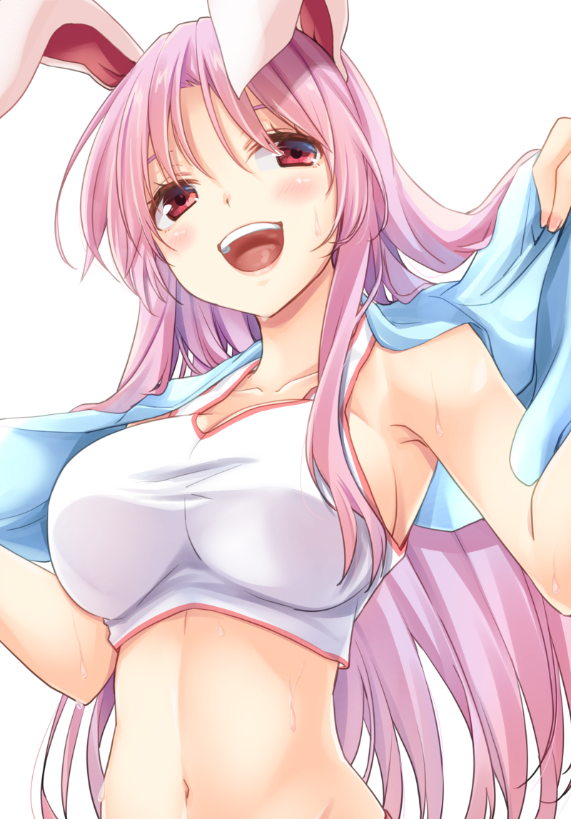 1girl :d alternate_costume animal_ears bangs bare_shoulders blush breasts bunny_ears collarbone commentary_request crop_top kue large_breasts long_hair looking_at_viewer midriff navel open_mouth purple_hair red_eyes reisen_udongein_inaba simple_background smile solo sports_bra stomach sweat touhou upper_body very_long_hair white_background