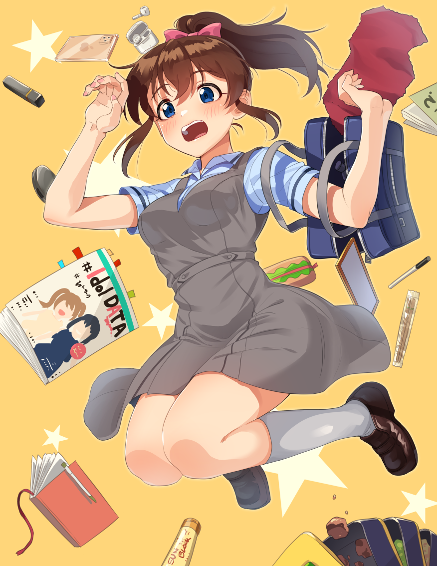 1girl bag bangs blue_eyes blue_shirt blush bow brown_footwear cellphone collared_shirt dress eyebrows_visible_through_hair floating frown grey_dress grey_legwear hair_bow idolmaster idolmaster_million_live! kamille_(vcx68) legs_up lipstick_tube loafers magazine_(weapon) makeup medium_hair notebook obentou open_mouth phone pinafore_dress pink_bow pink_scrunchie ponytail satake_minako school_bag school_uniform scrunchie shirt shoes short_dress short_sleeves smartphone socks solo starry_background towel yellow_background