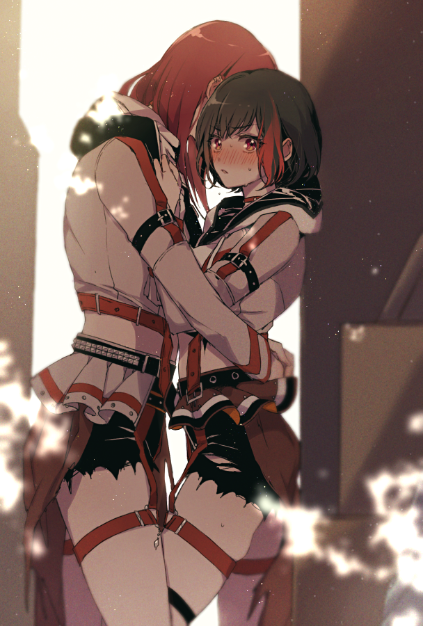 2girls afterglow_(bang_dream!) arm_belt bang_dream! belt belt_buckle black_hair black_legwear blush buckle chino_machiko eyebrows_visible_through_hair eyes_visible_through_hair hood hug jacket long_hair mitake_ran multicolored_hair multiple_girls red_eyes red_hair short_hair skirt sweat torn_clothes torn_legwear two-tone_hair udagawa_tomoe white_jacket yuri