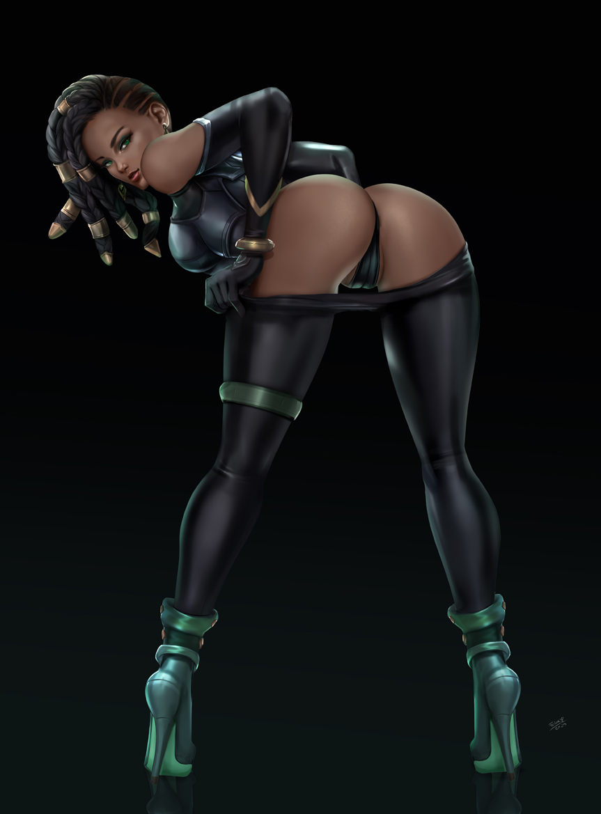 1girl ankle_boots ass asymmetrical_hair bent_over black_background black_gloves black_hair boots bracelet breastplate breasts commentary commission dark_skin earrings elbow_gloves english_commentary felox08 forehead from_behind full_body gloves gradient gradient_background green_eyes hair_tubes hairlocs high_heels jewelry league_of_legends lips looking_at_viewer medium_breasts medium_hair nose pants pants_pull pulled_by_self senna_(league_of_legends) skin_tight solo stiletto_heels tight tight_pants undercut very_dark_skin