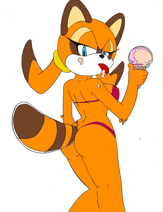 anthro back_groove big_breasts breasts butt cream_on_body dessert digital_media_(artwork) female food fur hair holding_food holding_ice_cream holding_object huge_breasts ice_cream ice_cream_cone looking_at_viewer mammal marine_the_raccoon procyonid raccoon shoulder_blades simple_background solid_color_background solo sonic_the_hedgehog_(series) superbunnygt tongue tongue_out video_games white_background