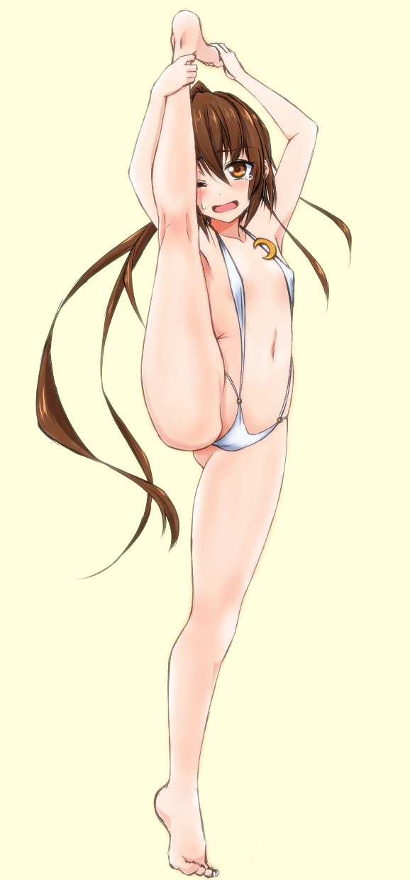 1girl barefoot brown_eyes brown_hair commentary_request crescent crescent_moon_pin flat_chest full_body fumizuki_(kantai_collection) highres kantai_collection koutarou_(plusdrive) long_hair looking_at_viewer navel one_eye_closed open_mouth ponytail simple_background slingshot_swimsuit solo split standing standing_on_one_leg standing_split swimsuit tears white_swimsuit yellow_background