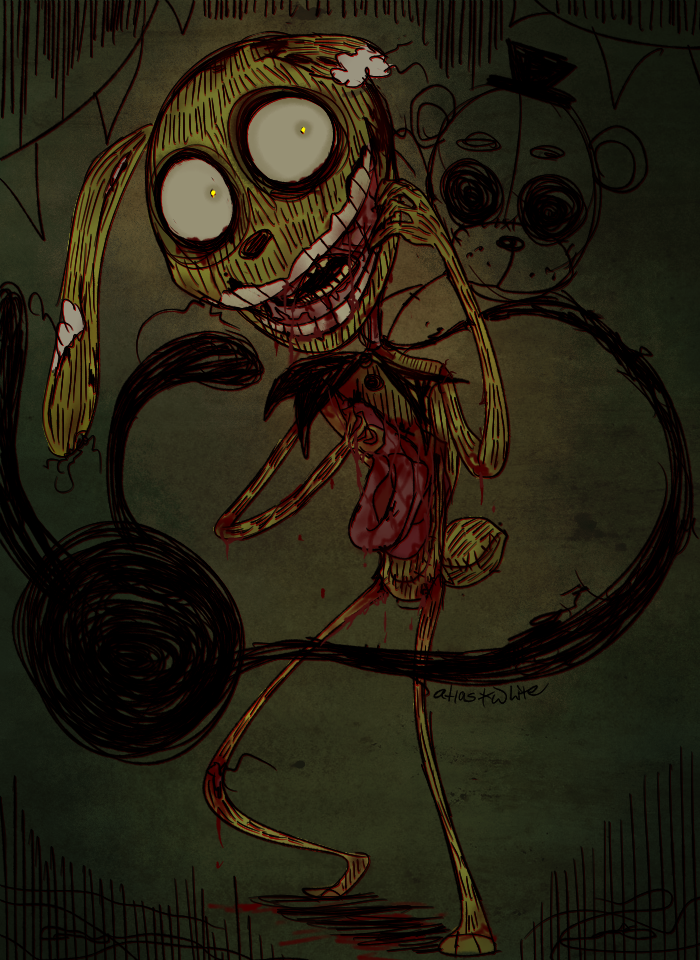 animatronic anthro atlas-white black_nose blood bodily_fluids button_(fastener) fingers five_nights_at_freddy's five_nights_at_freddy's_3 gore green_body lagomorph leporid long_ears machine male mammal notched_ear organs rabbit ribbons robot shadow_freddy_(fnaf) signature smile springtrap_(fnaf) standing teeth toes undead video_games yellow_eyes