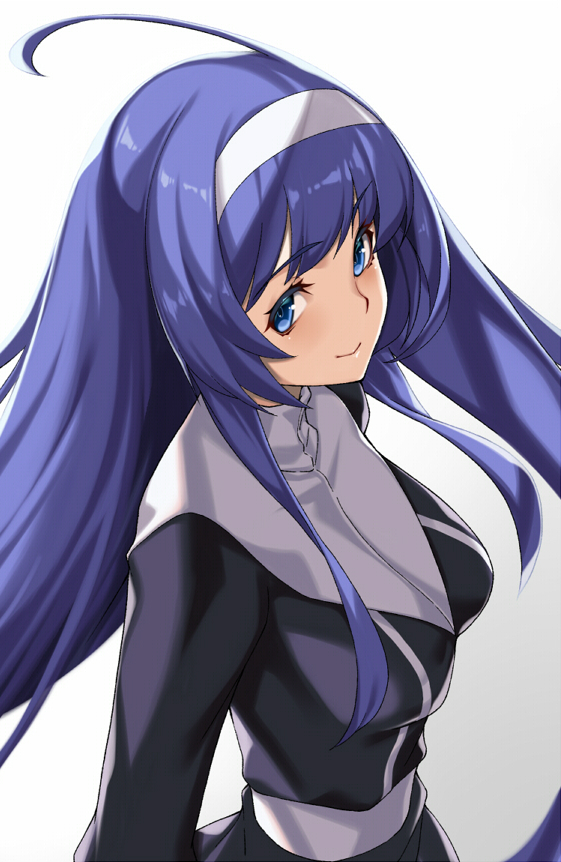 1girl ahoge bangs black_dress blue_eyes blush breasts closed_mouth commentary_request dress eyebrows_visible_through_hair gradient gradient_background grey_background hairband long_hair looking_at_viewer medium_breasts orie_(under_night_in-birth) purple_hair smile solo takanashi-a under_night_in-birth upper_body very_long_hair white_background white_hairband