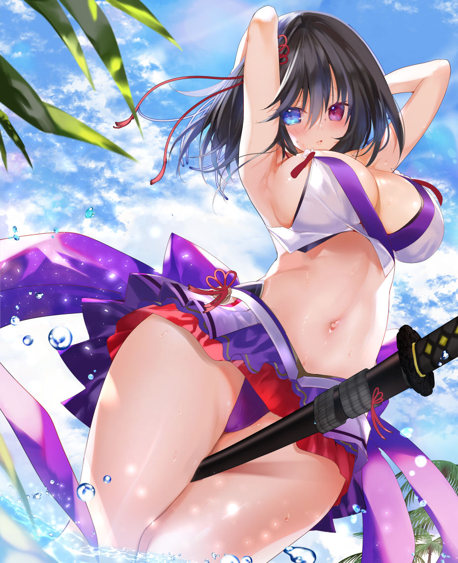 1girl armpits arms_up back_bow between_thighs bikini bikini_skirt black_hair bow breasts cloud coconut_tree day foot_out_of_frame hair_ribbon heterochromia katana kumatora_tatsumi large_bow large_breasts midriff navel original outdoors palm_tree purple_bikini purple_bow purple_eyes ribbon short_hair sky smile solo swimsuit sword thighs tree wading weapon