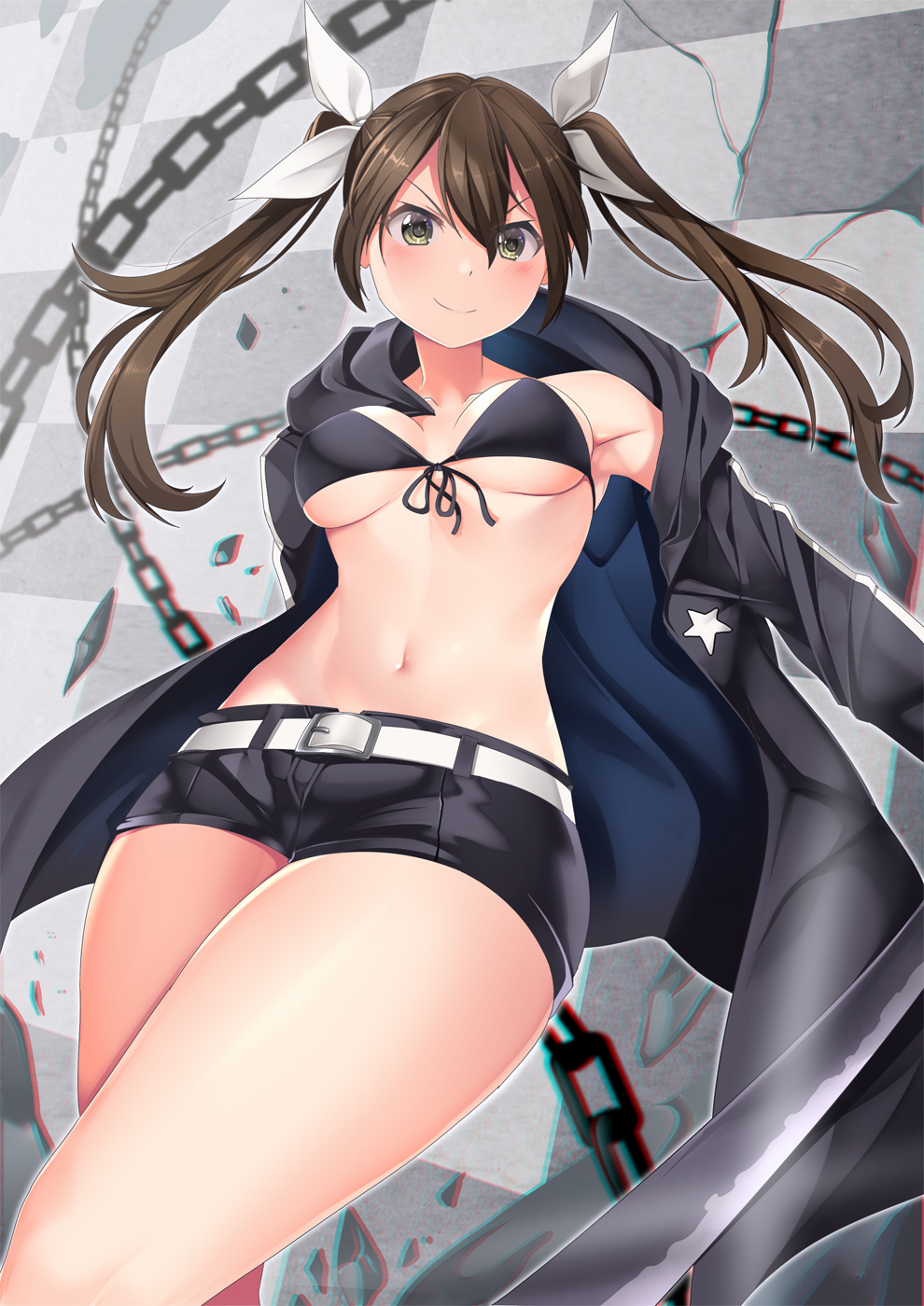 1girl armpits bangs bare_shoulders black_rock_shooter black_rock_shooter_(character) black_rock_shooter_(character)_(cosplay) blush breasts cleavage collarbone commentary_request cosplay cowboy_shot eyebrows_visible_through_hair groin hair_between_eyes highres kantai_collection looking_at_viewer midriff navel sidelocks smile solo standing tone_(kantai_collection) yasume_yukito