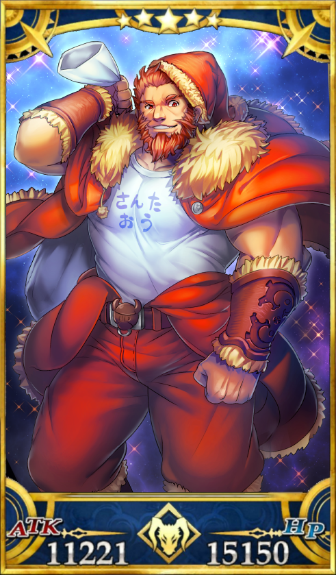 1boy alternate_costume bara beard behind_back bracer bulge chest class_change facial_hair fate/grand_order fate/zero fate_(series) feet_out_of_frame gift_bag hat holding iskandar_(fate) looking_at_viewer male_focus muscle red_eyes red_hair santa_costume santa_hat servant_card_(fate/grand_order) shirt short_hair solo thick_thighs thighs trabel white_shirt