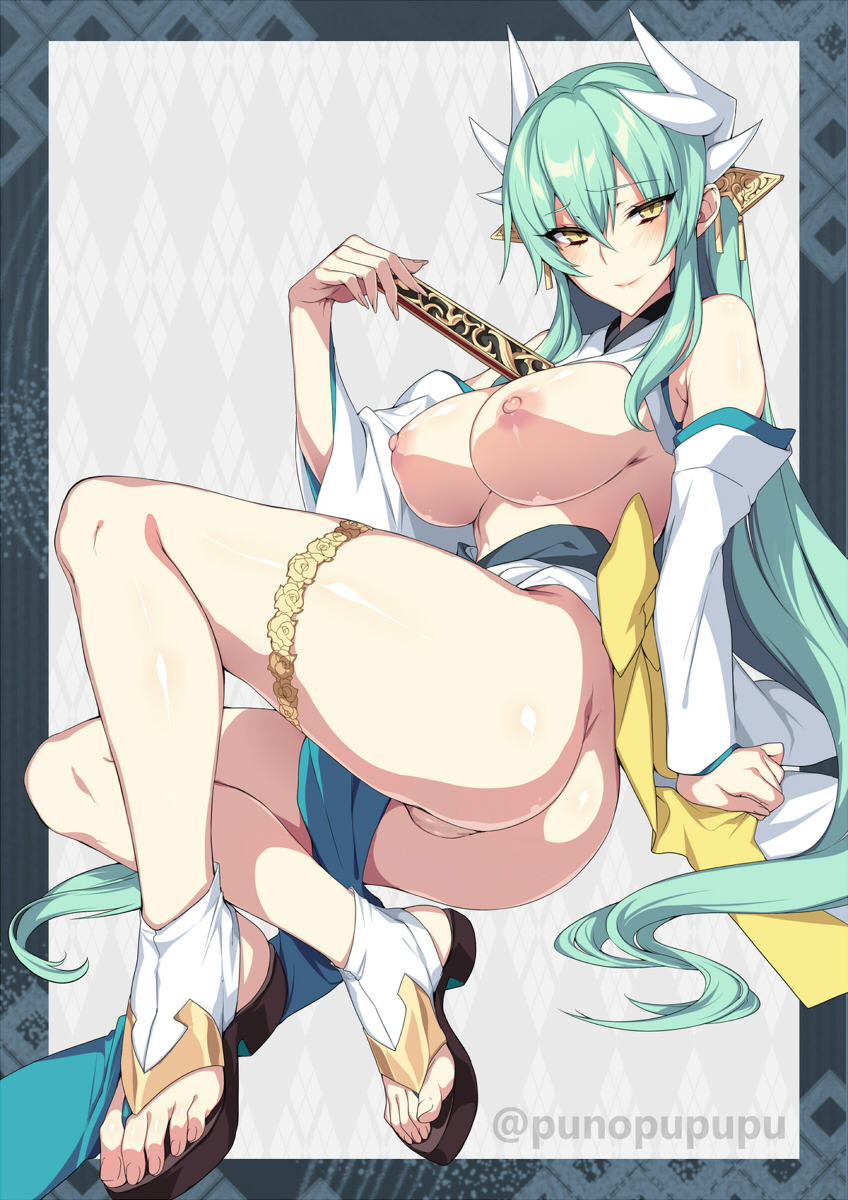 1girl aqua_hair ass bangs blush breasts dragon_girl dragon_horns fan fate/grand_order fate_(series) folding_fan hair_ornament highres horns japanese_clothes kiyohime_(fate/grand_order) large_breasts lips long_hair looking_at_viewer multiple_horns nipples older open_clothes pussy sandals smile solo yellow_eyes zeroshiki_kouichi