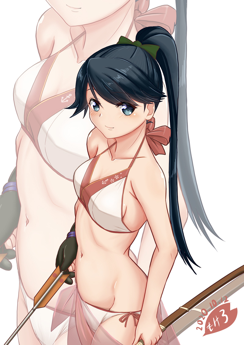 1girl alternate_costume arrow_(projectile) bikini black_hair blue_eyes bow_(weapon) breasts commentary_request gloves holding holding_bow_(weapon) holding_weapon houshou_(kantai_collection) kantai_collection long_hair moke_ro navel partly_fingerless_gloves ponytail sarong see-through side-tie_bikini single_glove small_breasts standing swimsuit weapon white_bikini yugake yumi_(bow) zoom_layer