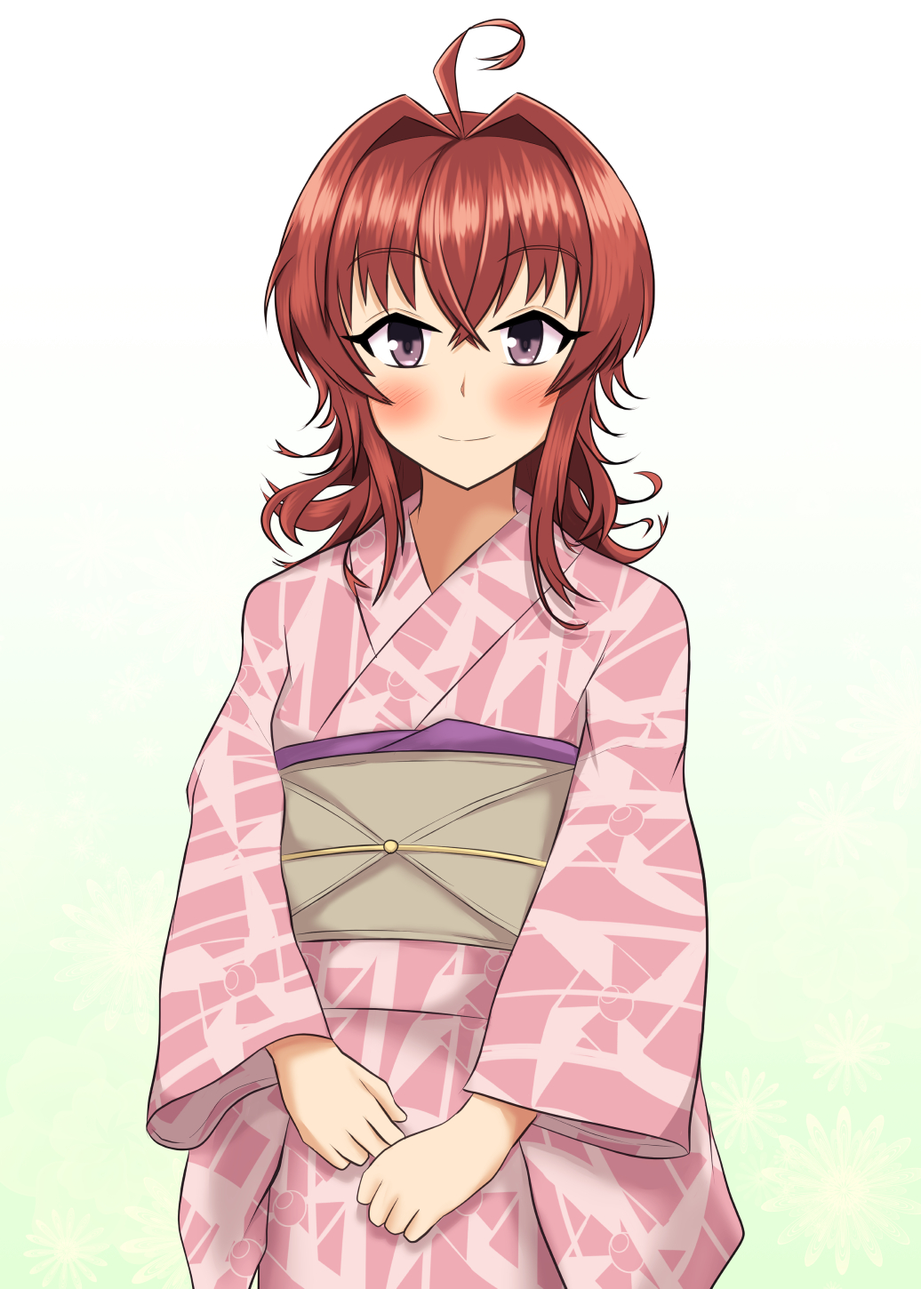 1girl ahoge alternate_costume arashi_(kantai_collection) blush gradient gradient_background green_background hair_intakes haoto_(arnica_leaf) highres japanese_clothes kantai_collection kimono looking_at_viewer messy_hair obi pink_kimono print_kimono purple_eyes red_hair sash smile solo white_background yukata