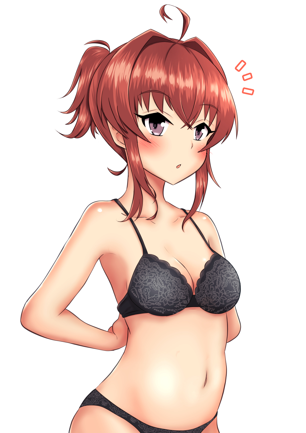 1girl ahoge arashi_(kantai_collection) black_bra black_panties bra breasts hair_intakes haoto_(arnica_leaf) highres kantai_collection messy_hair navel panties ponytail purple_eyes red_hair short_ponytail simple_background small_breasts solo underwear underwear_only upper_body white_background