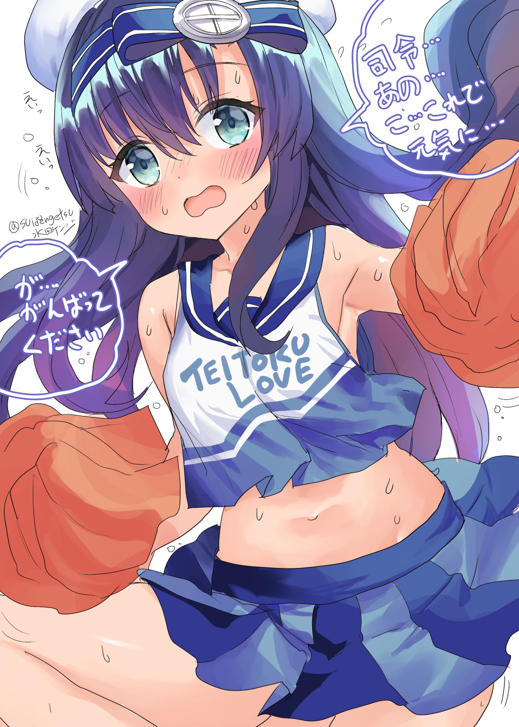 1girl alternate_costume armpits artist_name black_hair blue_skirt blush cheerleader eyebrows_visible_through_hair green_eyes hair_between_eyes hat highres kantai_collection long_hair matsuwa_(kantai_collection) mizuta_kenji motion_lines open_mouth pleated_skirt sailor_hat signature simple_background skirt solo speech_bubble translation_request twitter_username white_background white_headwear