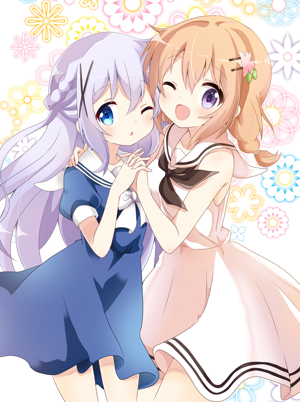 2girls ;d ;o bangs bare_arms bare_shoulders black_neckwear blue_dress blue_eyes blue_hair blush bow braid commentary_request dress eyebrows_visible_through_hair floral_background gochuumon_wa_usagi_desu_ka? hair_between_eyes hair_ornament hairclip hand_on_another's_shoulder highres holding_hands hoto_cocoa interlocked_fingers kafuu_chino long_hair looking_at_viewer massala multiple_girls neckerchief one_eye_closed open_mouth parted_lips puffy_short_sleeves puffy_sleeves purple_eyes sailor_collar sailor_dress short_sleeves sleeveless sleeveless_dress smile very_long_hair white_background white_bow white_dress white_sailor_collar x_hair_ornament