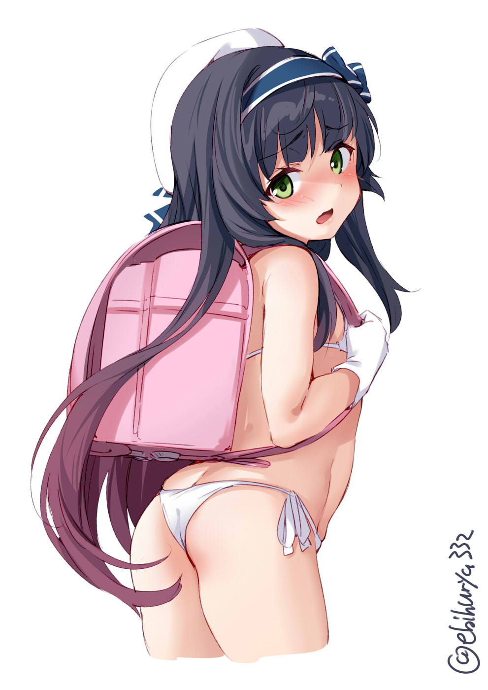 1girl ass backpack bag bikini black_hair blush cowboy_shot ebifurya gloves gradient_hair green_eyes highres kantai_collection long_hair looking_back matsuwa_(kantai_collection) multicolored_hair pink_hair randoseru side-tie_bikini string_bikini swimsuit twitter_username white_background white_bikini white_gloves