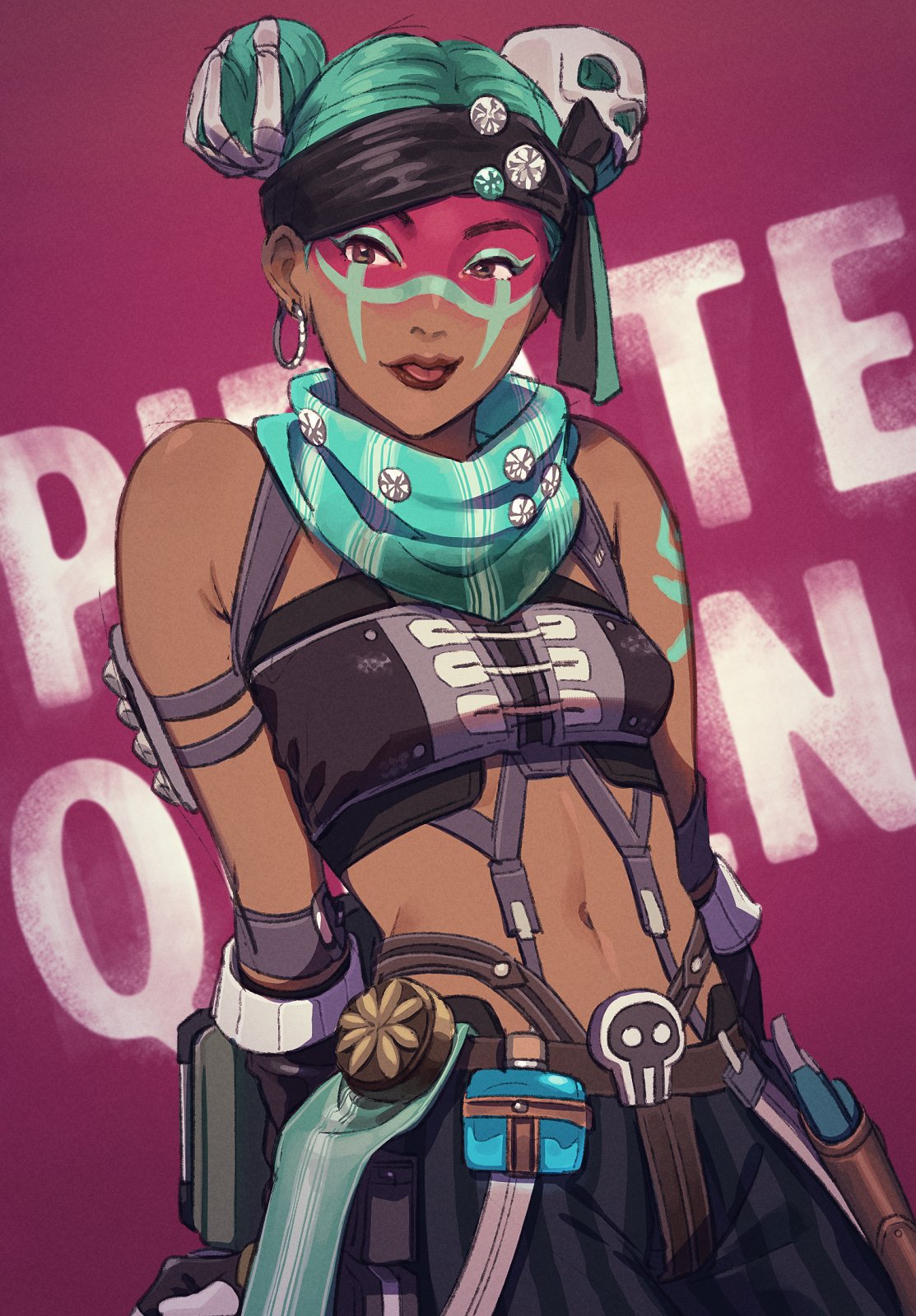 1girl 2gou :p alternate_costume alternate_hair_color apex_legends arms_at_sides bandana bare_shoulders breasts brown_eyes brown_gloves brown_lips brown_lipstick commentary_request dark_skin double_bun earrings eyelashes facepaint gloves green_hair green_scarf hair_ornament highres jewelry lifeline_(apex_legends) lips lipstick looking_at_viewer makeup navel nose pirate_queen_lifeline reclining scarf short_hair shoulder_tattoo skull_hair_ornament small_breasts solo stomach strapless suspenders tattoo tongue tongue_out tubetop