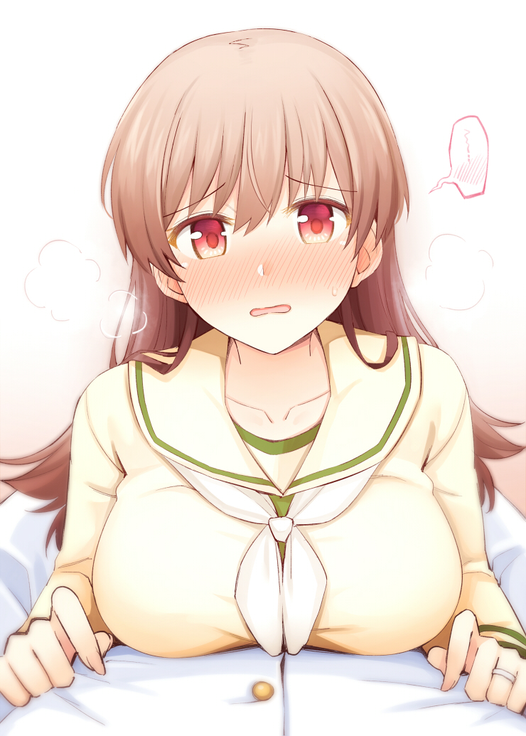 1boy 1girl admiral_(kantai_collection) blush breasts brown_eyes brown_hair collarbone commentary eyebrows_visible_through_hair hair_between_eyes jewelry kantai_collection large_breasts long_hair long_sleeves military military_uniform naval_uniform neckerchief ooi_(kantai_collection) open_mouth remodel_(kantai_collection) revision ring rui_shi_(rayze_ray) sailor_collar school_uniform serafuku solo_focus spoken_blush uniform wedding_band white_neckwear yellow_sailor_collar