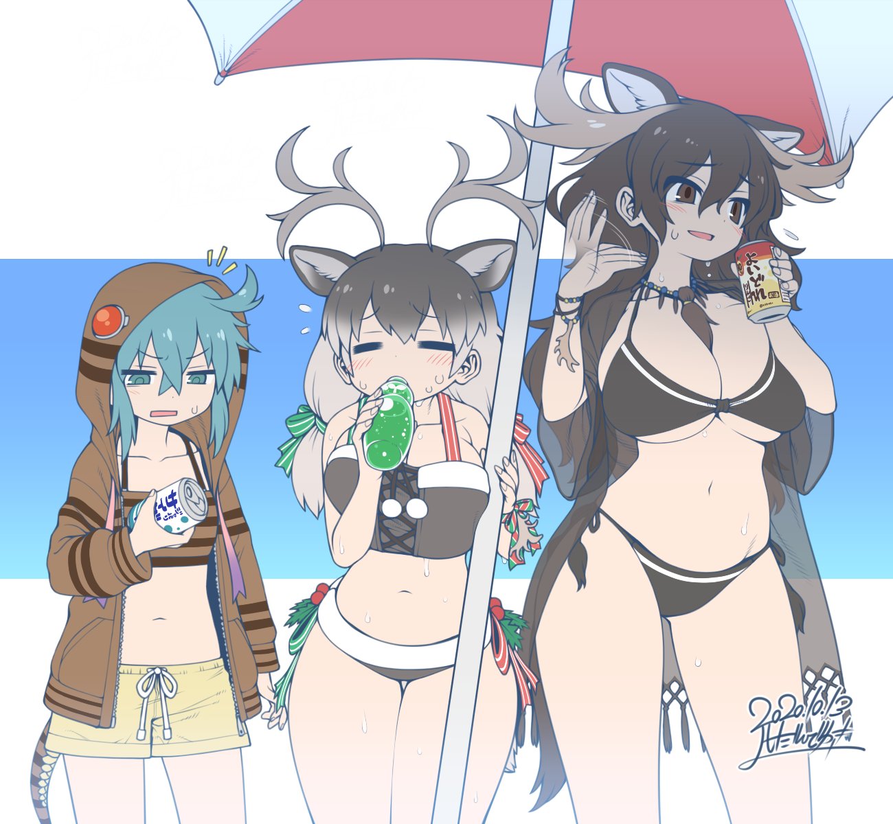 3girls =_= adapted_costume afterimage alternate_breast_size animal_ears antlers aqua_eyes aqua_hair arm_at_side ass_visible_through_thighs beach_umbrella beads bikini bottle breasts brown_eyes brown_hair can cleavage closed_eyes collarbone dated deer_ears drawstring drink drinking extra_ears eyebrows_visible_through_hair fanning_face fanning_self furrowed_eyebrows grey_hair hair_between_eyes hair_ribbon highres holding holding_can hood hood_up hoodie hot huge_breasts jewelry kemono_friends large_breasts long_hair long_sleeves looking_at_object looking_to_the_side low-tied_long_hair male_swimwear moose_(kemono_friends) moose_ears moose_tail multicolored_hair multiple_girls navel necklace open_clothes open_hoodie open_mouth reindeer_(kemono_friends) reindeer_antlers ribbon see-through side-by-side side-tie_bikini side-tie_bottom sidelocks signature skindentation snake_tail soda_can standing stomach striped_hoodie sweat swim_trunks swimsuit swimsuit_under_clothes swimwear tail thigh_gap tsuchinoko_(kemono_friends) twintails two-tone_hair umbrella underboob yoshida_hideyuki