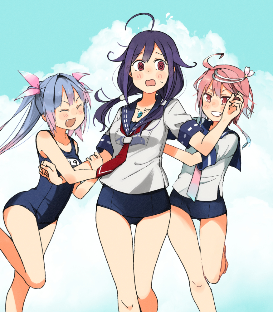 3girls @_@ adapted_costume ahoge animal_print annin_musou blue_hair blue_sailor_collar blue_swimsuit closed_eyes commentary_request cowboy_shot fang fish_print grin hair_flaps hair_ornament hair_ribbon i-19_(kantai_collection) i-58_(kantai_collection) kantai_collection long_hair low_twintails multiple_girls name_tag neckerchief no_pants pink_hair purple_hair red_eyes red_neckwear ribbon sailor_collar sailor_shirt school_swimsuit school_uniform serafuku shirt short_hair smile swimsuit swimsuit_under_clothes taigei_(kantai_collection) thigh_gap tri_tails twintails whale_print