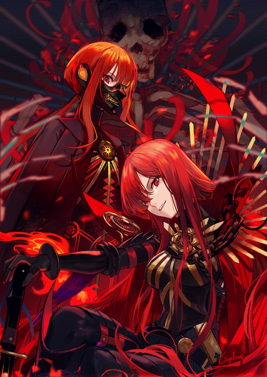 1boy 1girl artist_name bangs black_bodysuit black_cloak black_gloves bodysuit breasts brother_and_sister cape chain cloak cowboy_shot crossed_legs csyday family_crest fate/grand_order fate_(series) gloves hair_over_one_eye hand_on_hilt highres long_hair looking_at_viewer low_ponytail mask medium_breasts mouth_mask oda_nobukatsu_(fate/grand_order) oda_nobunaga_(fate)_(all) oda_nobunaga_(maou_avenger)_(fate) oda_uri planted_sword planted_weapon red_cape red_eyes red_hair red_theme siblings sitting skeleton skull smile standing swept_bangs sword weapon