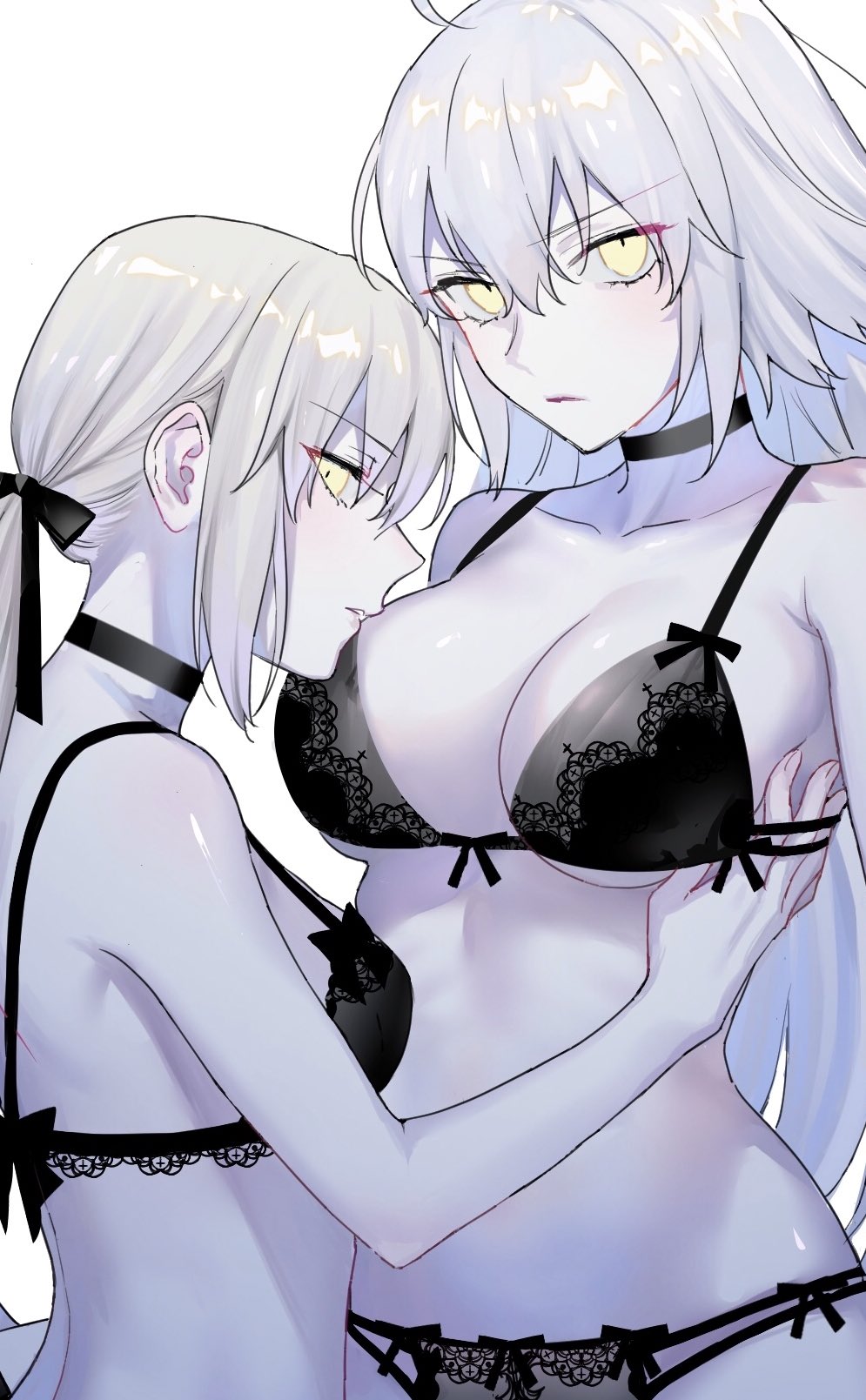 2girls ahoge artoria_pendragon_(all) bangs blonde_hair bra breasts choker cleavage closed_mouth commentary couple eyebrows_visible_through_hair eyes_visible_through_hair fate/grand_order fate_(series) hair_between_eyes hair_ribbon hand_under_clothes highres jeanne_d'arc_(alter)_(fate) jeanne_d'arc_(fate)_(all) lingerie long_hair multiple_girls nipi27 pale_skin panties ponytail profile ribbon saber_alter short_hair sidelocks silver_hair simple_background symbol_commentary underboob underwear very_long_hair white_background yellow_eyes yuri