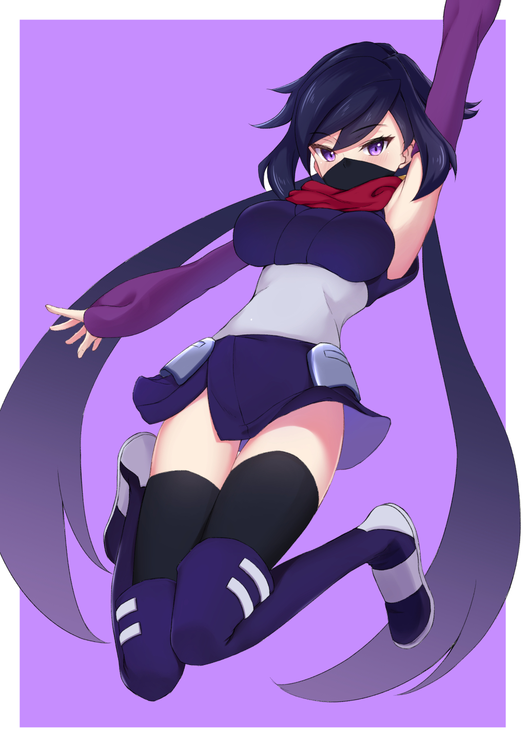 1girl armpits ayame_(gundam_build_divers) bangs black_legwear boots breasts commentary elbow_gloves eyebrows_visible_through_hair gloves gundam gundam_build_divers hesumi highres hip_armor japanese_clothes kimono large_breasts long_hair looking_at_viewer mask mouth_mask ninja ninja_mask purple_hair red_scarf scarf shiny shiny_hair short_kimono sidelocks solo split_ponytail thigh_boots thighhighs very_long_hair