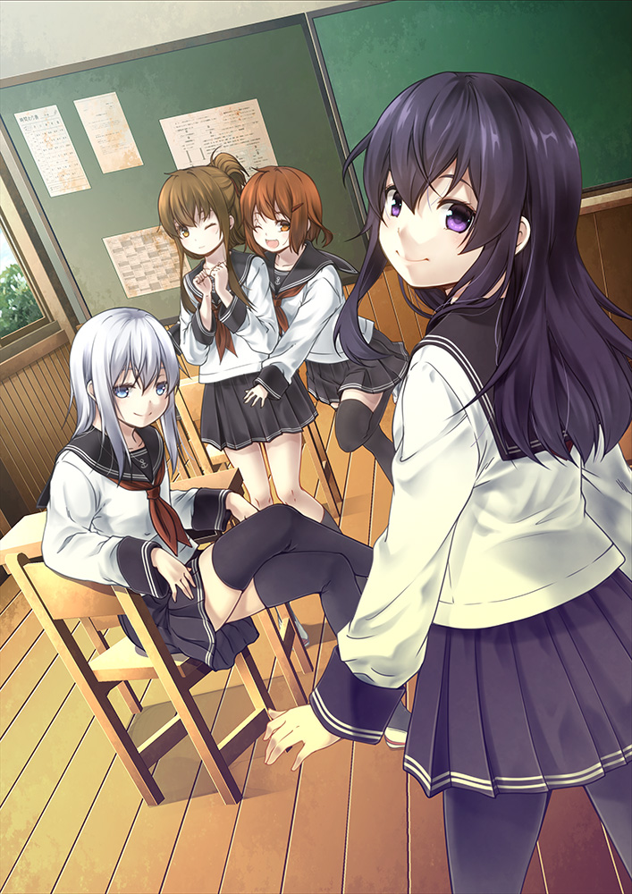 4girls akatsuki_(kantai_collection) anchor_symbol black_footwear black_legwear black_sailor_collar black_skirt blue_eyes brown_eyes brown_hair classroom commentary_request folded_ponytail hair_between_eyes hair_ornament hairclip hibiki_(kantai_collection) ikazuchi_(kantai_collection) inazuma_(kantai_collection) kantai_collection kneehighs kouji_(campus_life) long_hair long_sleeves multiple_girls neckerchief pantyhose pleated_skirt purple_eyes purple_hair red_neckwear sailor_collar school_uniform serafuku shirt short_hair silver_hair skirt thighhighs white_shirt