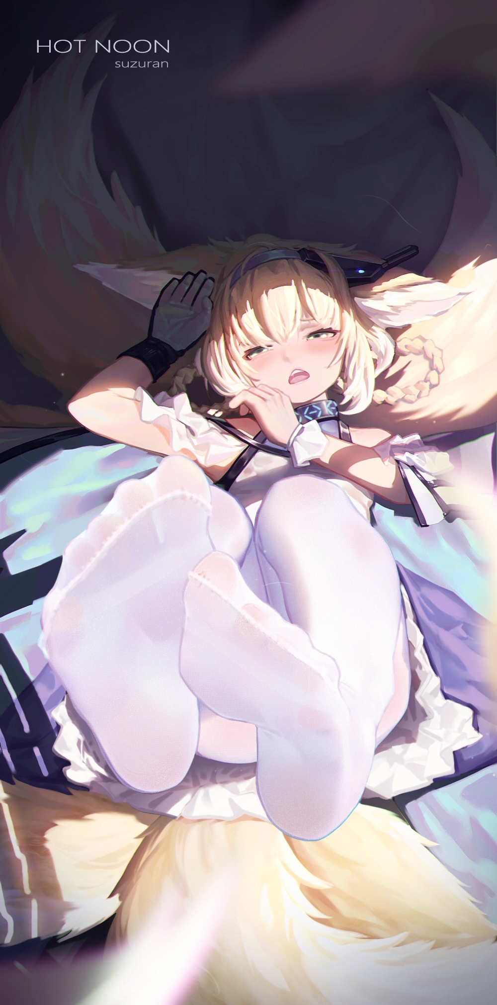 1girl animal_ears arknights blonde_hair blush dress dust feet gloves hair_rings highres ice_(dzs1392584271) kyuubi legs_up lying multiple_tails no_shoes on_back pantyhose pov_feet single_glove soles suzuran_(arknights) tail toes white_legwear wrist_cuffs