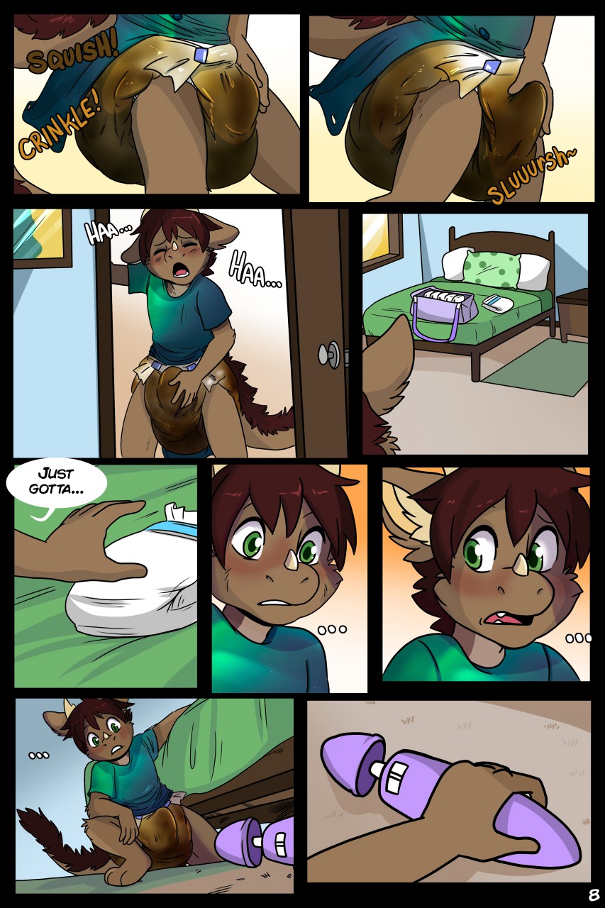 anthro blush bodily_fluids bulge clothed clothing comic diaper digital_media_(artwork) dragon erection erection_in_diaper feces hi_res hybrid male mammal messy_diaper scat sex_toy soiled_diaper soiling solo starbuck text tropicana vibrator