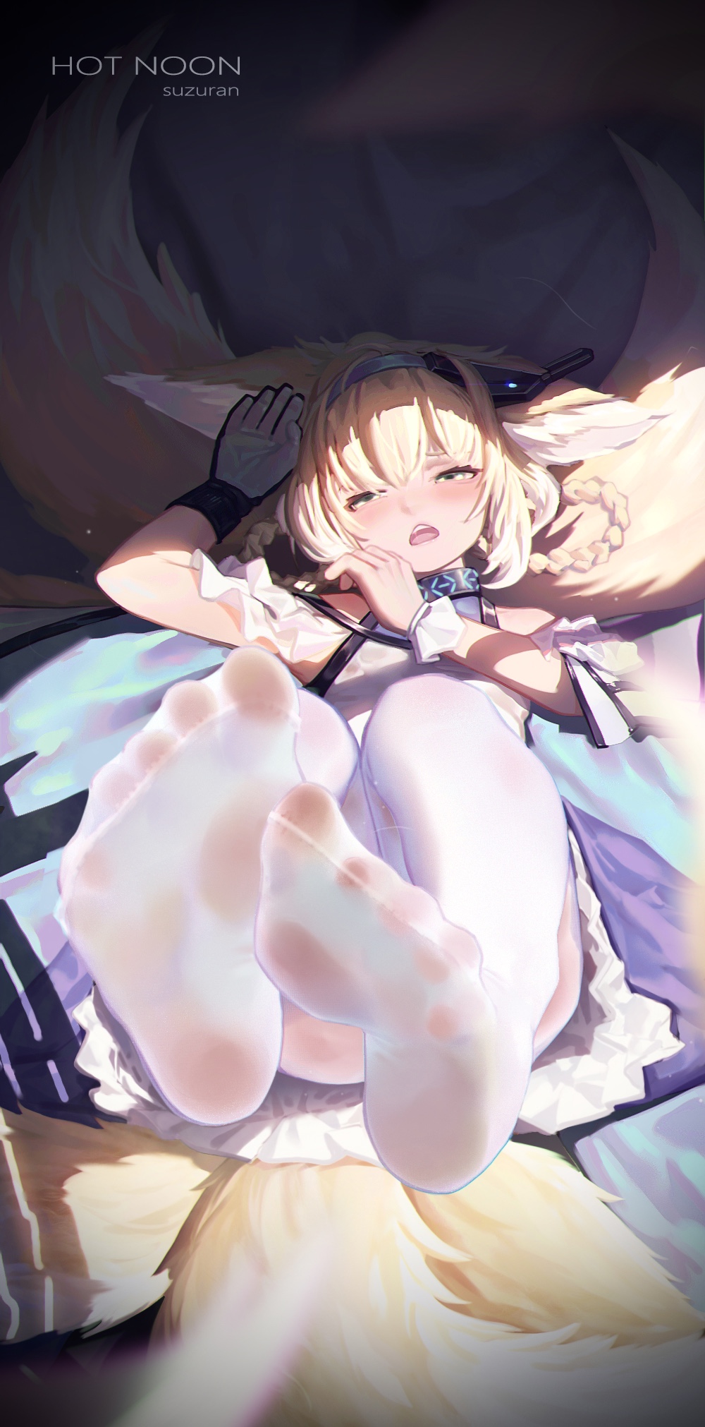 1girl animal_ears arknights blonde_hair blush dress dust feet gloves hair_rings highres ice_(dzs1392584271) kyuubi legs_up lying multiple_tails no_shoes on_back pantyhose pov_feet single_glove soles suzuran_(arknights) sweat tail toes wet white_legwear wrist_cuffs