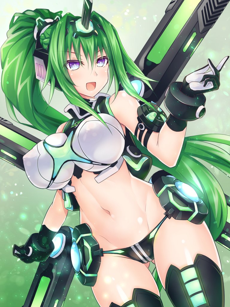 1girl arm_strap bare_shoulders black_gloves blue_eyes breasts crop_top from_side gloves green_hair green_heart headgear horns kazuneko_(wktk1024) large_breasts long_hair navel neptune_(series) next_green open_mouth ponytail power_symbol single_horn smile solo symbol-shaped_pupils thighhighs