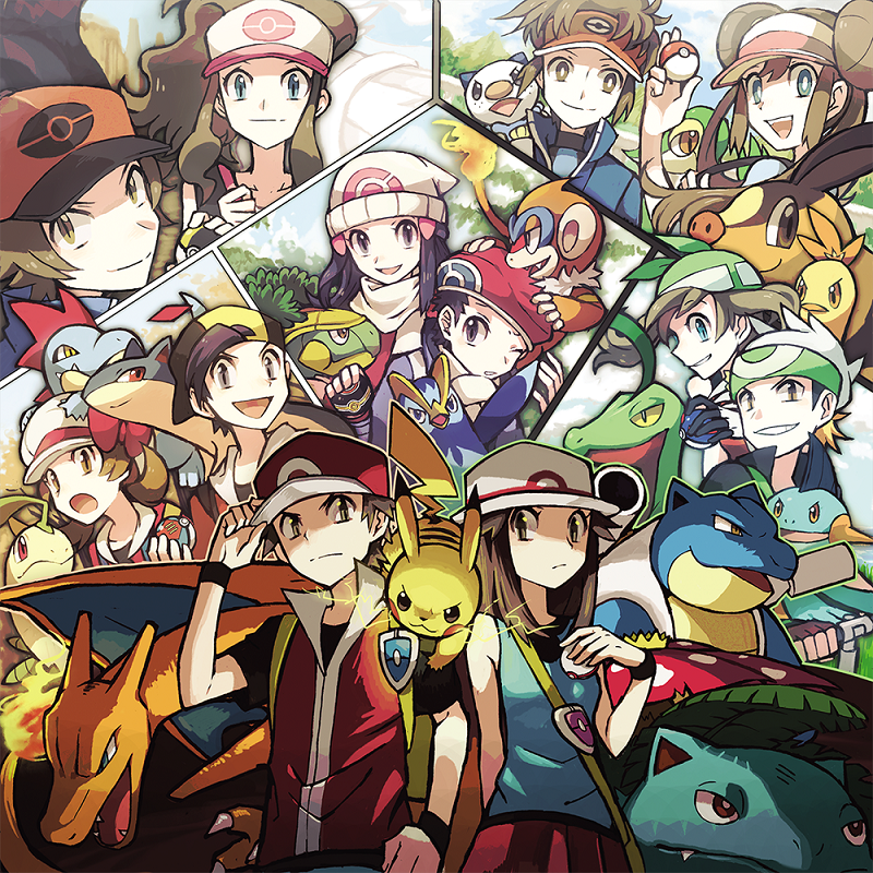 6+boys 6+girls bandana baseball_cap bayleef beanie black_hair blastoise brendan_(pokemon) brown_eyes brown_hair charizard closed_mouth combusken commentary_request croconaw dawn_(pokemon) ethan_(pokemon) fire flame gen_1_pokemon gen_2_pokemon gen_3_pokemon gen_4_pokemon gen_5_pokemon great_ball grey_eyes grotle grovyle hair_ornament hairclip hand_on_headwear hat hilbert_(pokemon) hilda_(pokemon) holding holding_poke_ball leaf_(pokemon) lucas_(pokemon) lure_ball luxury_ball lyra_(pokemon) marshtomp may_(pokemon) monferno multiple_boys multiple_girls nate_(pokemon) noii on_shoulder open_mouth oshawott pikachu poke_ball poke_ball_(basic) pokemon pokemon_(creature) pokemon_(game) pokemon_bw pokemon_bw2 pokemon_dppt pokemon_emerald pokemon_frlg pokemon_hgss pokemon_on_shoulder pokemon_platinum pokemon_rse premier_ball quilava red_(pokemon) red_skirt rosa_(pokemon) sidelocks skirt smile snivy tepig tongue ultra_ball venusaur visor_cap wristband