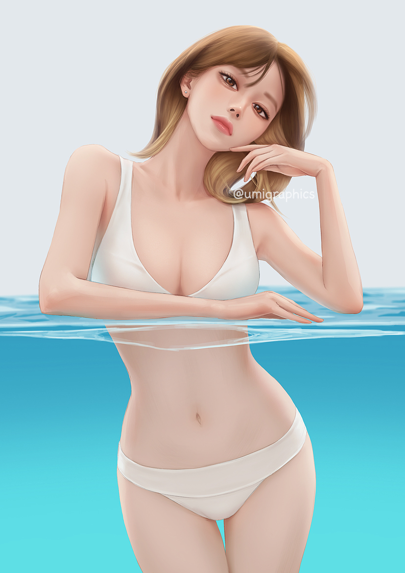 1girl bikini breasts brown_eyes brown_hair cleavage earrings head_tilt jewelry lips long_hair looking_at_viewer medium_breasts navel partially_submerged real_life solo stud_earrings swimsuit thigh_gap umigraphics water watermark white_bikini