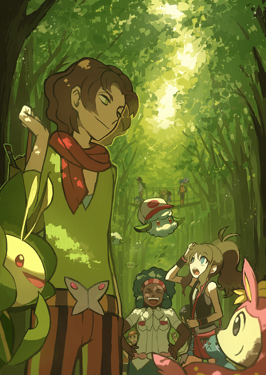 4girls 5boys ace_trainer_(pokemon) backwards_hat baseball_cap black_vest bridge brown_hair bug_catcher_(pokemon) burgh_(pokemon) commentary_request cottonee dark_skin deerling forest gen_5_pokemon green_eyes green_shirt hands_on_hips hat hilda_(pokemon) holding_strap leavanny leaves_in_wind lenora_(pokemon) long_hair multiple_boys multiple_girls n_(pokemon) nature noii open_mouth pants pokemon pokemon_(creature) pokemon_(game) pokemon_bw rufflet scarf school_kid_(pokemon) scientist_(pokemon) shirt sidelocks simipour smile teeth tongue tree vest youngster_(pokemon)