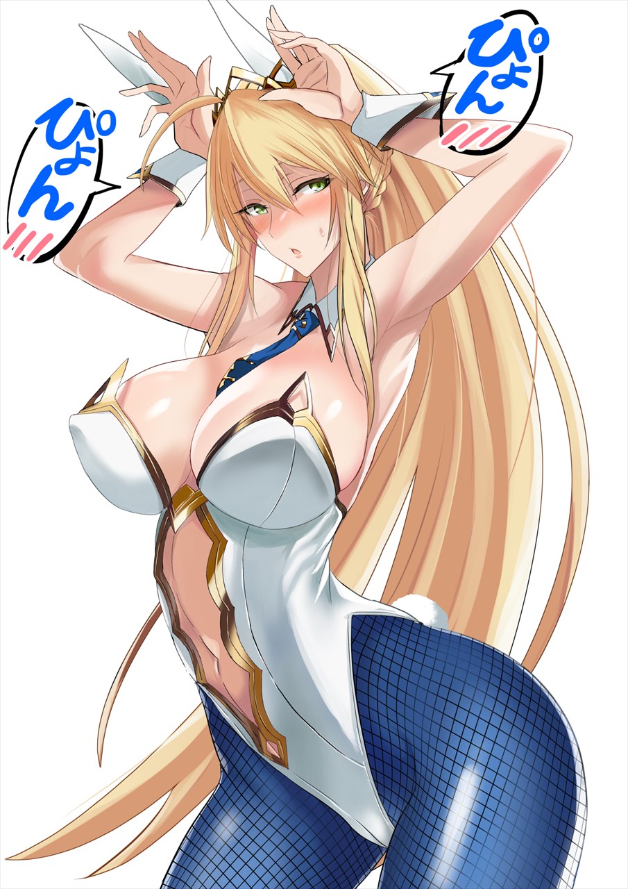 1girl ahoge animal_ears armpits artoria_pendragon_(all) artoria_pendragon_(swimsuit_ruler)_(fate) bangs bare_shoulders blonde_hair blue_legwear blue_neckwear braid breasts bunny_ears bunny_pose bunny_tail cleavage clothing_cutout detached_collar fate/grand_order fate_(series) fishnet_legwear fishnets french_braid green_eyes hair_between_eyes hands_up highleg highleg_leotard highres kawabata_yoshiro large_breasts leotard long_hair navel navel_cutout necktie open_mouth pantyhose playboy_bunny ponytail sidelocks tail tiara translation_request white_leotard wrist_cuffs