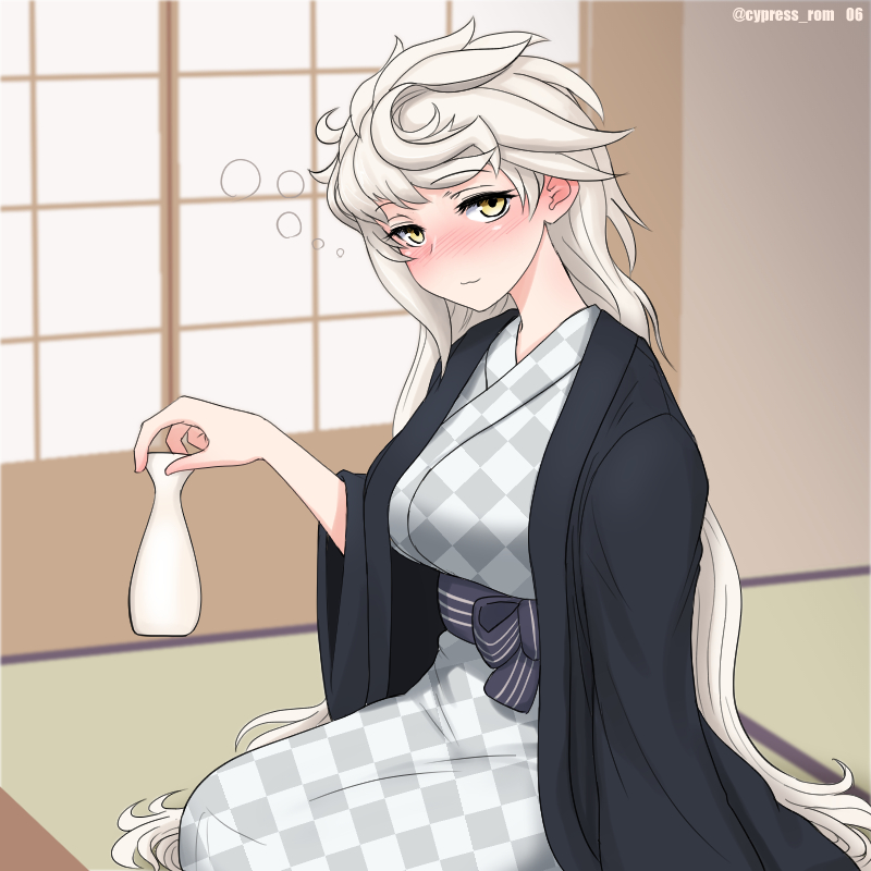 1girl :3 alternate_costume asymmetrical_bangs bangs blush breasts cup cypress drunk eyebrows_visible_through_hair hair_down holding holding_cup japanese_clothes kantai_collection kimono large_breasts long_hair obi sash sitting solo tokkuri twitter_username unryuu_(kantai_collection) very_long_hair white_hair wide_sleeves yellow_eyes