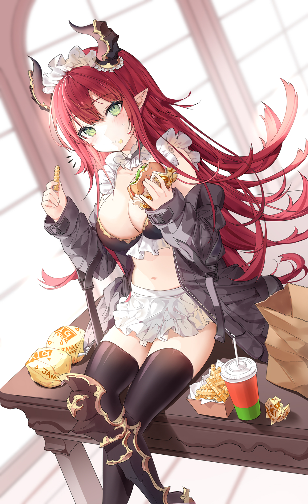 1girl apron bangs bikini black_jacket black_legwear blush breasts chips choker crossed_legs dragon_girl dragon_horns eating flipped_hair food food_on_face frilled_bikini frills gold_trim greaves green_eyes hamburger highres holding holding_food horns jacket large_breasts long_hair looking_at_viewer maid_apron maid_headdress navel off_shoulder open_clothes open_jacket original pointy_ears ronopu sidelocks sitting solo stomach sweatdrop swimsuit tail thighhighs thighs very_long_hair