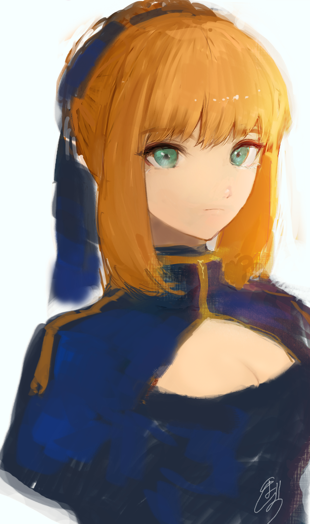 1girl artoria_pendragon_(all) blonde_hair blue_bow blue_dress bow breasts cleavage cleavage_cutout closed_mouth clothing_cutout dress fate/stay_night fate_(series) green_eyes hair_bow hair_bun highres hoojiro juliet_sleeves long_sleeves looking_at_viewer puffy_sleeves saber signature solo upper_body