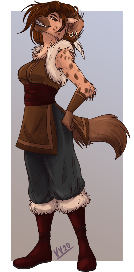 2020 accessory anthro arm_tuft armor boots border breasts brown_eyes brown_hair cheek_tuft chest_tuft clothed clothing conditional_dnp ear_piercing ear_ring elbow_tufts facial_tuft feather_in_hair feathers female footwear fur gnoll grey_background hair hair_accessory hand_on_hip hyaenid inner_ear_fluff looking_at_viewer mammal piercing simple_background smile solo spots spotted_body spotted_fur standing tuft vambraces vilani white_border