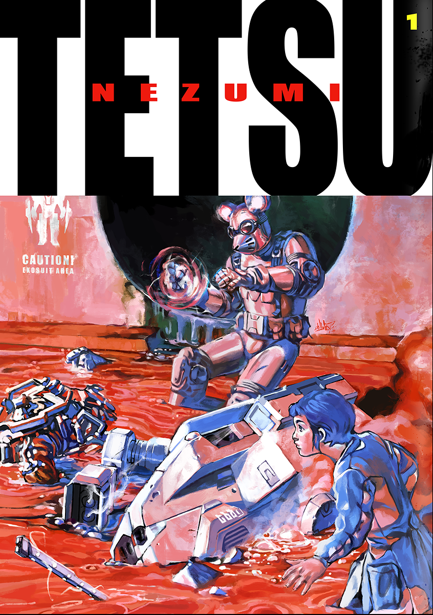 1960s_(style) 1girl clenched_hand cover english_commentary fake_cover highres ironmaus kopfstoff looking_ahead mecha melting oldschool parody style_parody the_surge