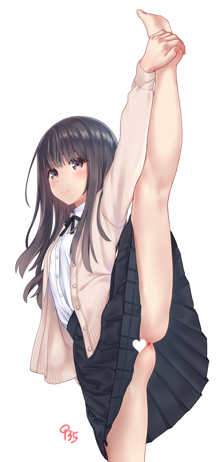 1girl :d anus aoi_kumiko arm_up ass bangs barefoot black_hair black_skirt blush breasts brown_cardigan brown_eyes cardigan censored closed_mouth collared_shirt dress_shirt eyebrows_behind_hair heart heart_censor highres leg_up long_hair no_panties open_cardigan open_clothes open_mouth original pleated_skirt school_uniform shirt signature simple_background skirt small_breasts smile soles solo split standing standing_on_one_leg standing_split upper_teeth white_background white_shirt