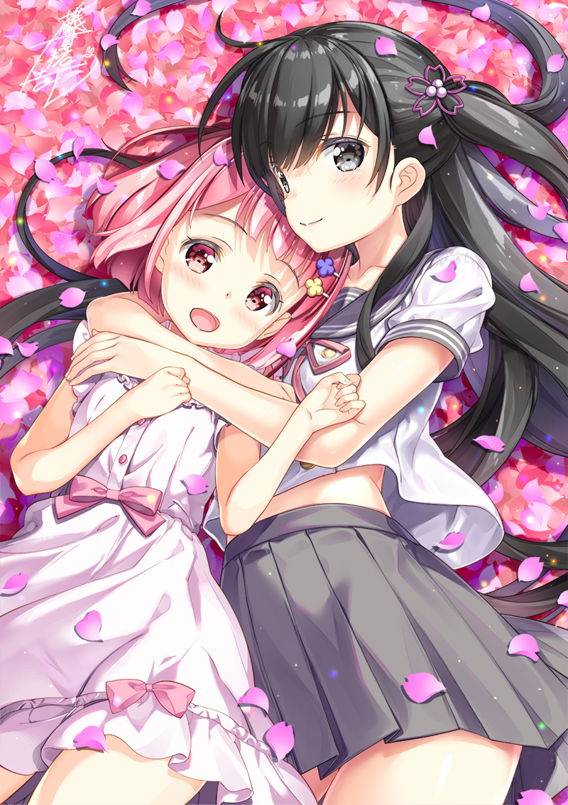 2glrls :d bangs black_eyes black_hair blunt_bangs cherry_blossoms dress fujima_takuya grey_skirt hair_ornament hairclip long_hair looking_at_viewer neck_ribbon okita_sakura open_mouth petals pink_dress pink_eyes pink_hair pink_neckwear pleated_skirt ribbon sailor_collar school_uniform senyoku_no_sigrdrifa serafuku short_hair short_sleeves signature skirt smile watarai_sonoka