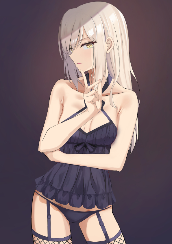 1girl artoria_pendragon_(all) bangs bare_shoulders black_camisole black_panties breasts camisole cleavage collarbone fate/stay_night fate_(series) garter_straps kesoshirou long_hair looking_at_viewer medium_breasts navel panties parted_lips saber_alter silver_hair thighs underwear yellow_eyes