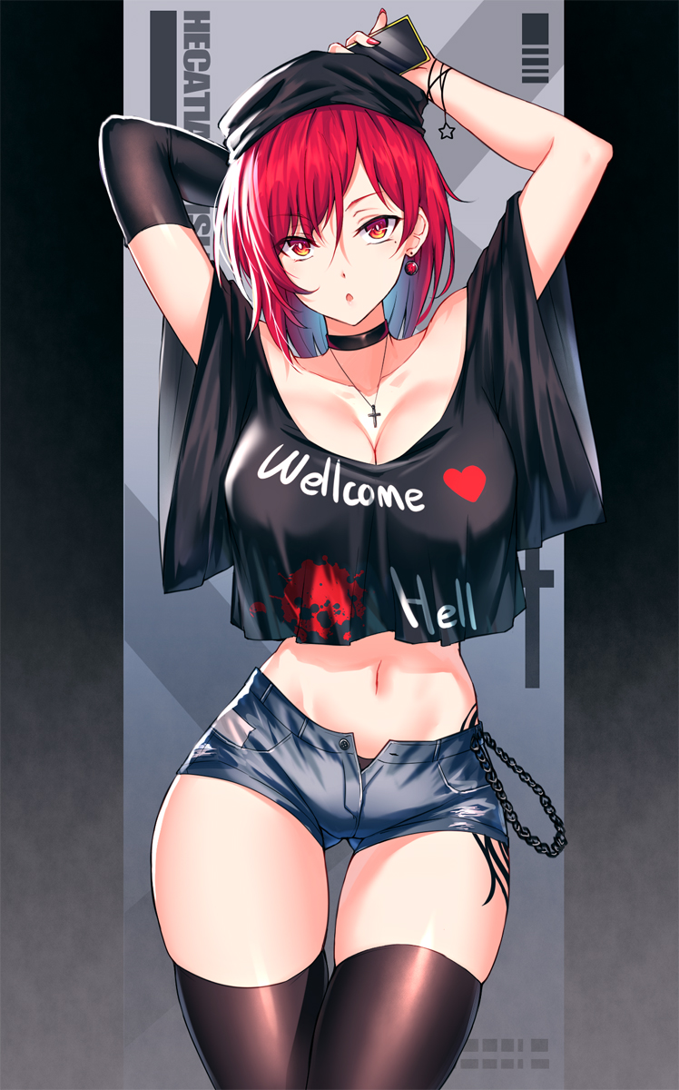 1girl :o arms_up bare_shoulders black_choker black_headwear black_legwear blue_shorts breasts chain choker cleavage clothes_writing cross cross_necklace earrings hat head_tilt hecatia_lapislazuli highres jewelry koissa large_breasts looking_at_viewer midriff navel necklace off-shoulder_shirt off_shoulder open_fly red_eyes red_hair shirt short_shorts shorts solo t-shirt tattoo thigh_gap thighhighs touhou wide_sleeves