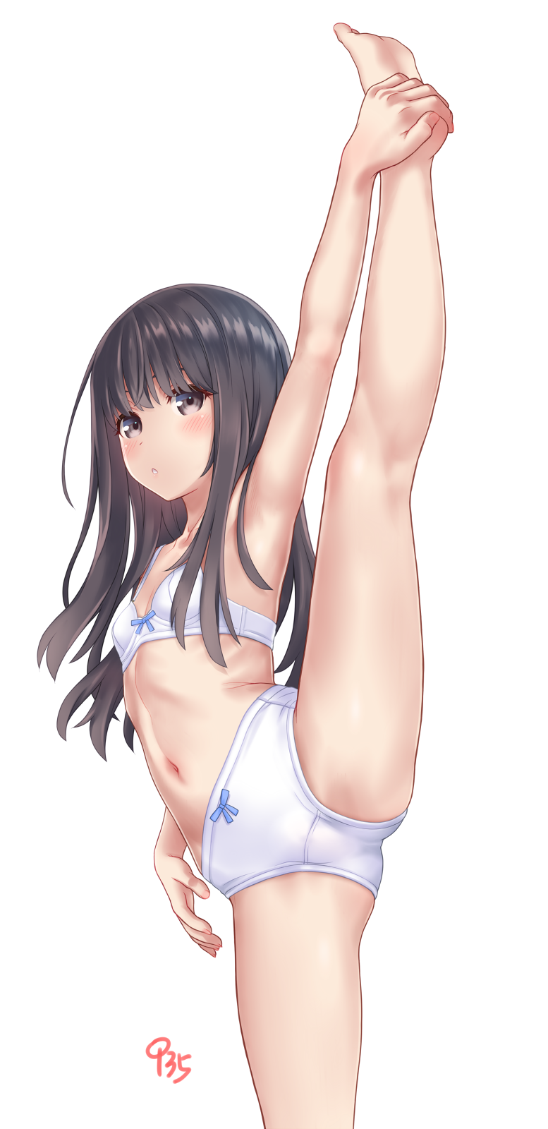 1girl :d :o aoi_kumiko arm_up ass bangs bare_arms bare_legs bare_shoulders barefoot black_hair blush bow bow_bra bow_panties bra breasts brown_eyes eyebrows_behind_hair highres leg_up long_hair navel open_mouth original panties parted_lips signature simple_background small_breasts smile soles solo split standing standing_on_one_leg standing_split underwear underwear_only upper_teeth white_background white_bra white_panties