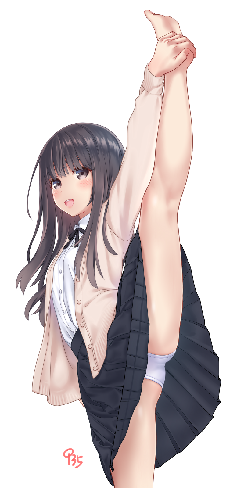 1girl :d aoi_kumiko arm_up ass bangs barefoot black_hair black_skirt blush breasts brown_cardigan brown_eyes cardigan closed_mouth collared_shirt commentary_request dress_shirt eyebrows_behind_hair highres leg_up long_hair open_cardigan open_clothes open_mouth original panties pleated_skirt school_uniform shirt signature simple_background skirt small_breasts smile soles solo split standing standing_on_one_leg standing_split underwear upper_teeth white_background white_panties white_shirt