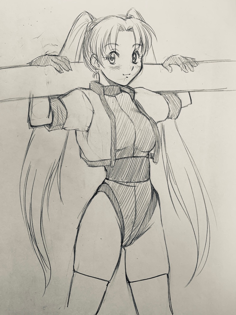 1girl arms_up athletic_leotard cropped_jacket gloves jacket leotard long_hair missile monochrome namco nanao_futaba numan_athletics sharon_les_halles short_sleeves sketch smile solo thighhighs traditional_media twintails