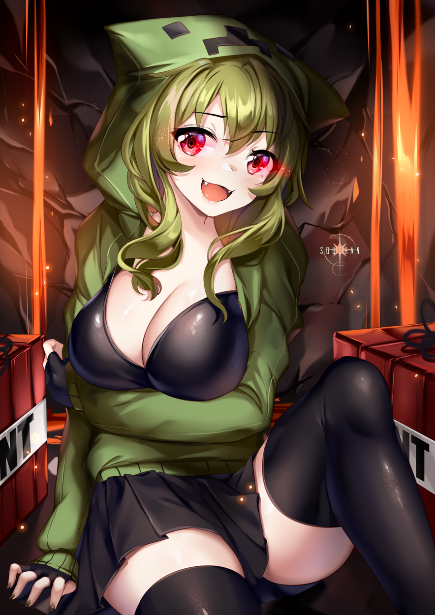 1girl :d arm_under_breasts artist_name bangs black_gloves black_legwear black_skirt breasts cleavage creeparka creeper eyebrows_visible_through_hair fangs feet_out_of_frame fingerless_gloves gloves glowing glowing_eyes green_hair green_jacket green_nails hair_between_eyes highres hood hood_up hooded_jacket jacket knee_up large_breasts long_hair long_sleeves looking_at_viewer minecraft nail_polish open_clothes open_jacket open_mouth pleated_skirt red_eyes skirt sleeves_past_wrists smile solo squchan thighhighs