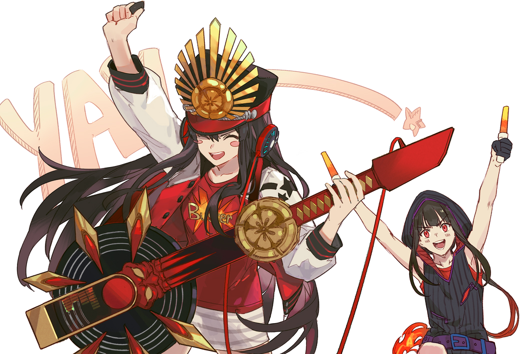 1boy 1girl bangs black_hair black_headwear breasts buster_shirt csyday family_crest fate/grand_order fate_(series) guitar hat headphones headphones_around_neck instrument jacket koha-ace letterman_jacket long_hair long_sleeves oda_nobukatsu_(fate/grand_order) oda_nobunaga_(fate)_(all) oda_nobunaga_(swimsuit_berserker)_(fate) oda_uri oversized_object peaked_cap red_eyes red_shirt shirt small_breasts